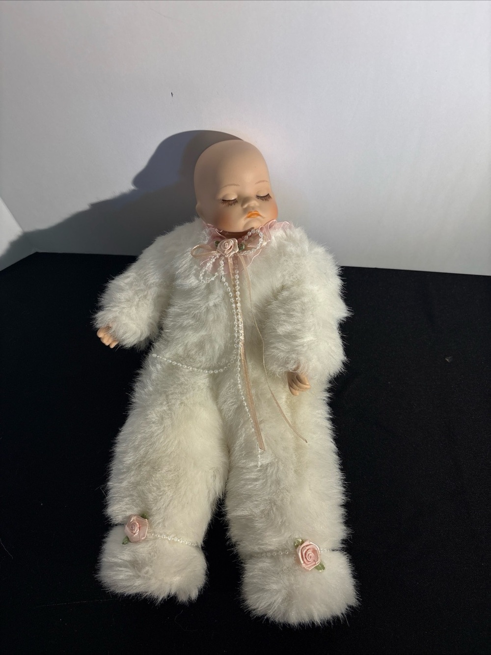 White Plush Baby Doll in Floral Trim Outfit